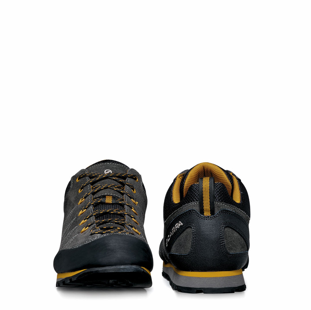 Studio image front and back Scarpa Men's Crux Shoes Shark and Mustard color