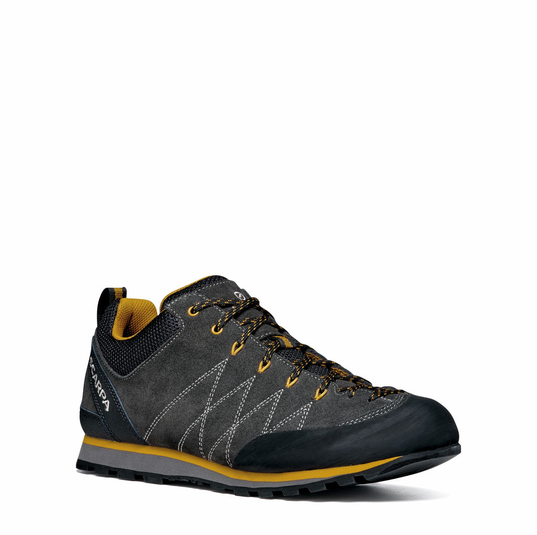 Studio image perspective view Scarpa Men's Crux Shoe Shark and Mustard color