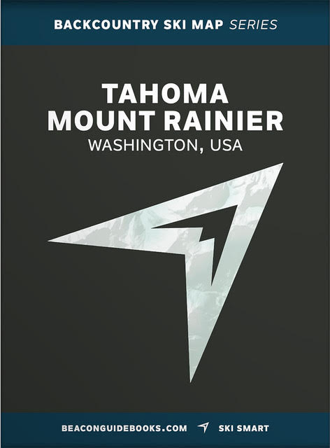 Backcountry ski map cover for Tahoma Mount Rainier, Washington, USA with a geometric design on a dark background.