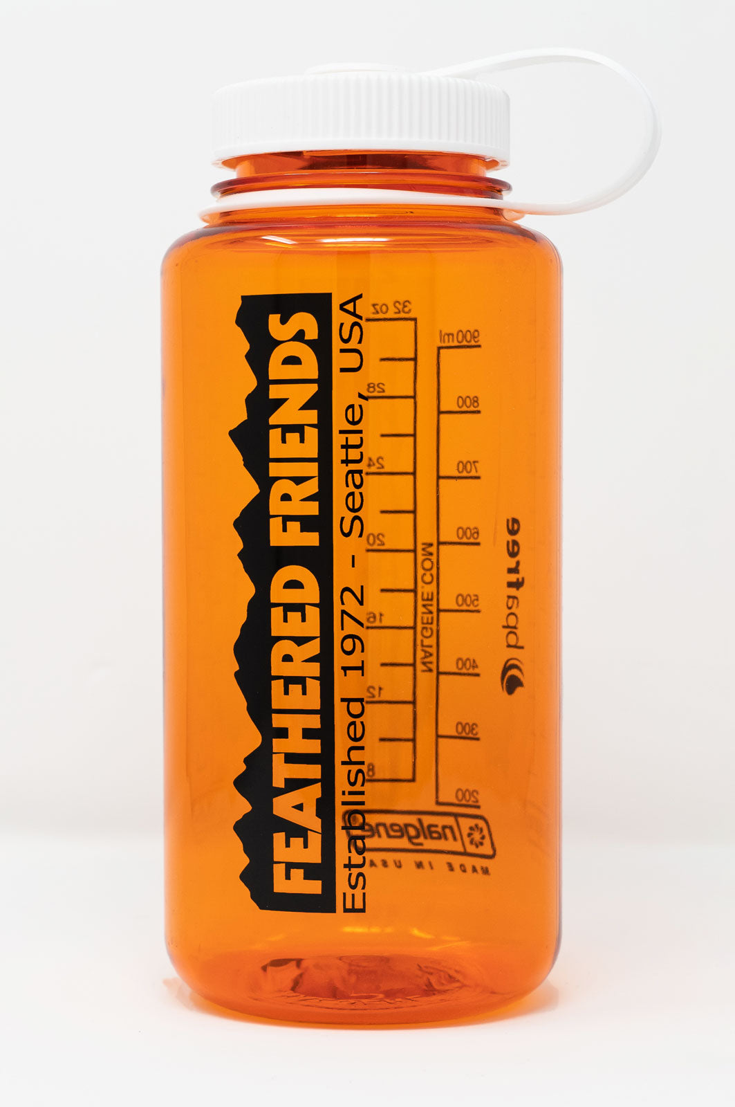 Nalgene-Feathered Friends Nalgene 1L Water Bottle-Backpacking Accessory-Mtn Logo-Orange/wht lid