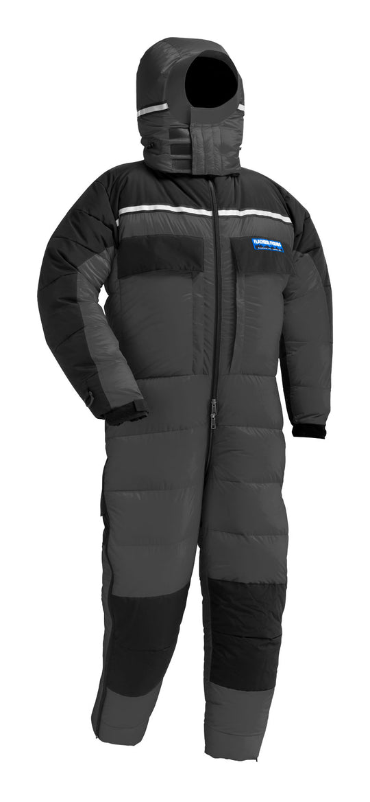 Studio image of the Feathered Friends Expedition Down Suit in Shale Gray color