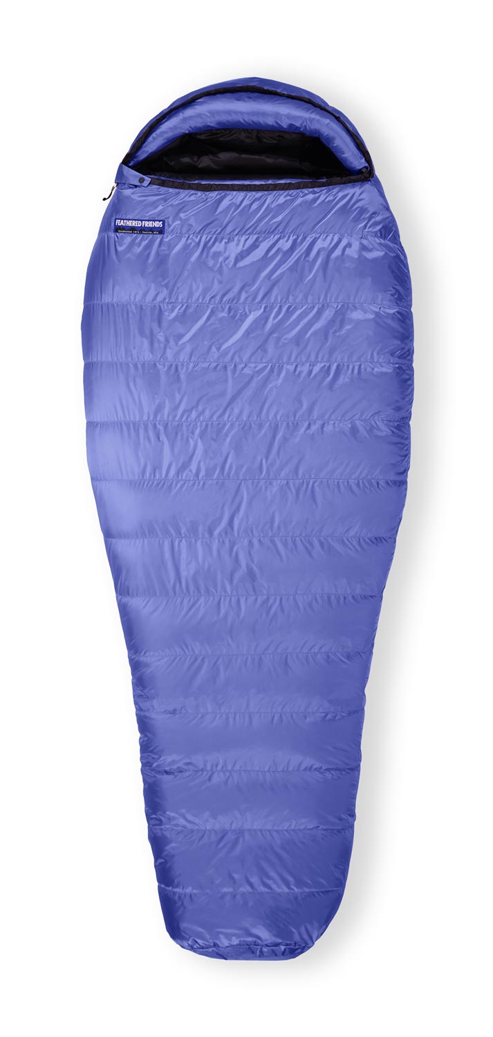 Studio image front view Feathered Friends Women's Egret YF Ultralight Down Sleeping Bag Marine blue color